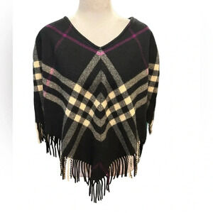 Burberry London Womens Black Plaid V-Neck Fringe Poncho Sweater Size S/M